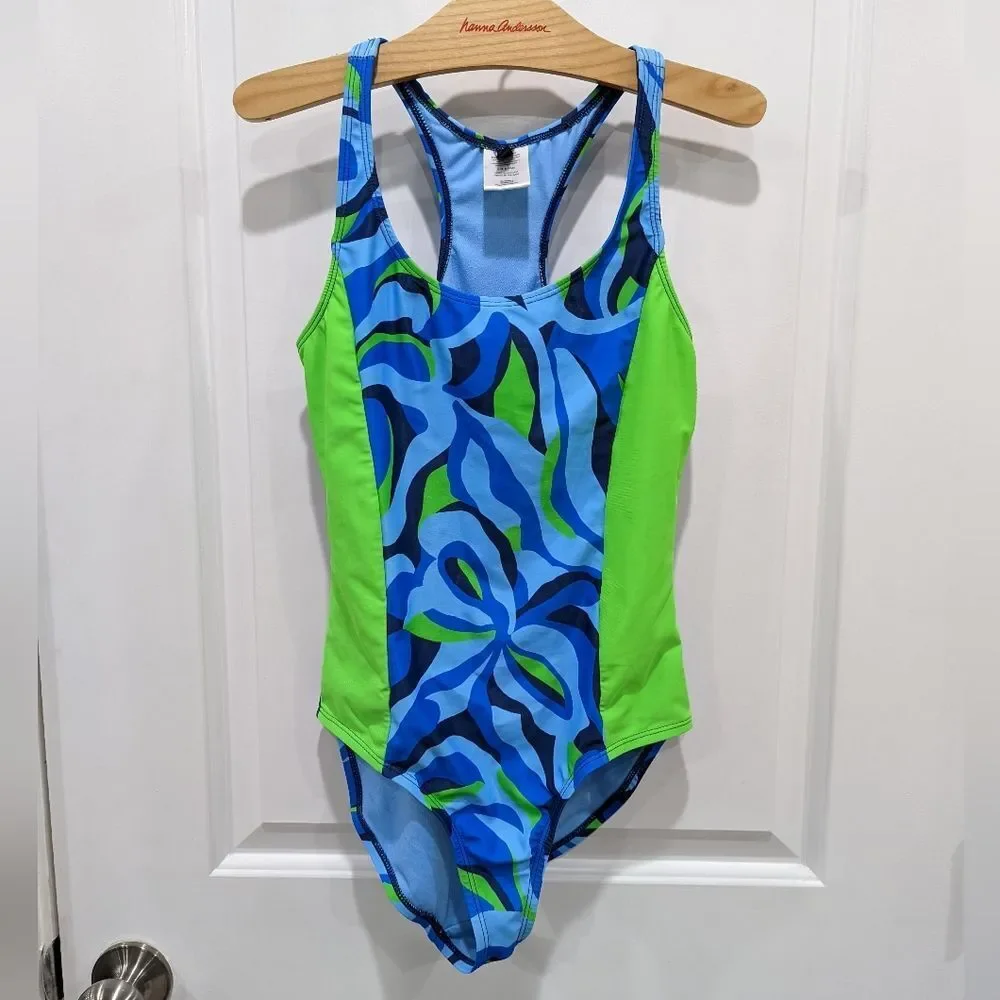 Spyder Blue Green Colorblock Abstrsct One Piece Swimsuit Girls Large 12 14